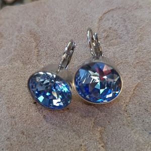 Gold Stone Jewelry Large Blue Crystal Silver Lever Back Earrings, New Old Stock